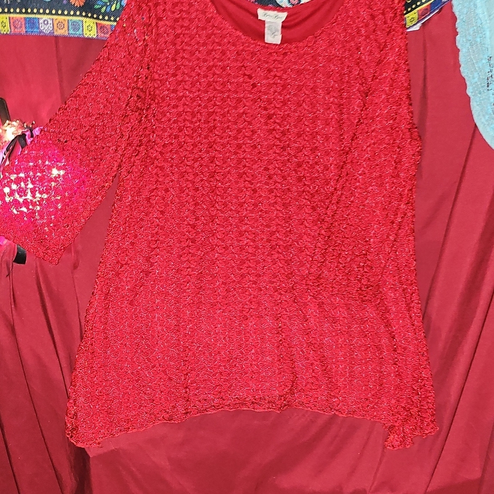 EUC Brittany Black Vibrant Red Lace Blouse With Lining